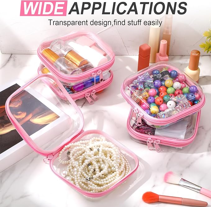 Sanwuta 6 Pcs Clear Hard Zipper Case Plastic Zipper Pouches Transparent Makeup Bag Pencil Case Pouches Toiletry Diaper Bag for Travel Toy Storage Organizer Bins(Pink,5 x 5 x 2 Inch)