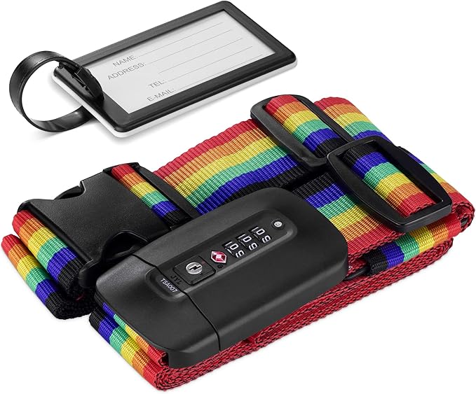 Navaris TSA Luggage Strap - Secure Adjustable Strap for Suitcases with Combination Lock - Lockable Cross Case Travel Belt for Luggage with ID Tag