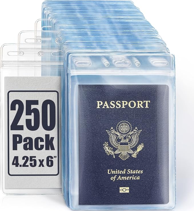 Mifflin-USA Passport & Card Holders (Clear, 4x6 inch, 250 Pack), Extra Large (XXL) ID Name Badge Holder, Waterproof Vertical Plastic Card Holders