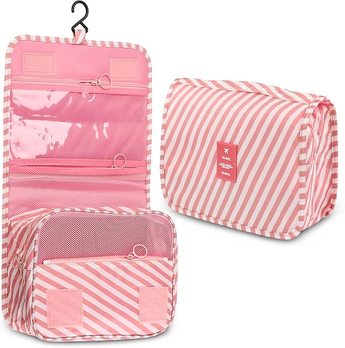 Foldable Hanging Travel Toiletry Bag,Waterproof Portable Travel Bags, Multifunction Travel Makeup Cosmetic Bag Organizer with Hanging Hook (Pink Stripe)