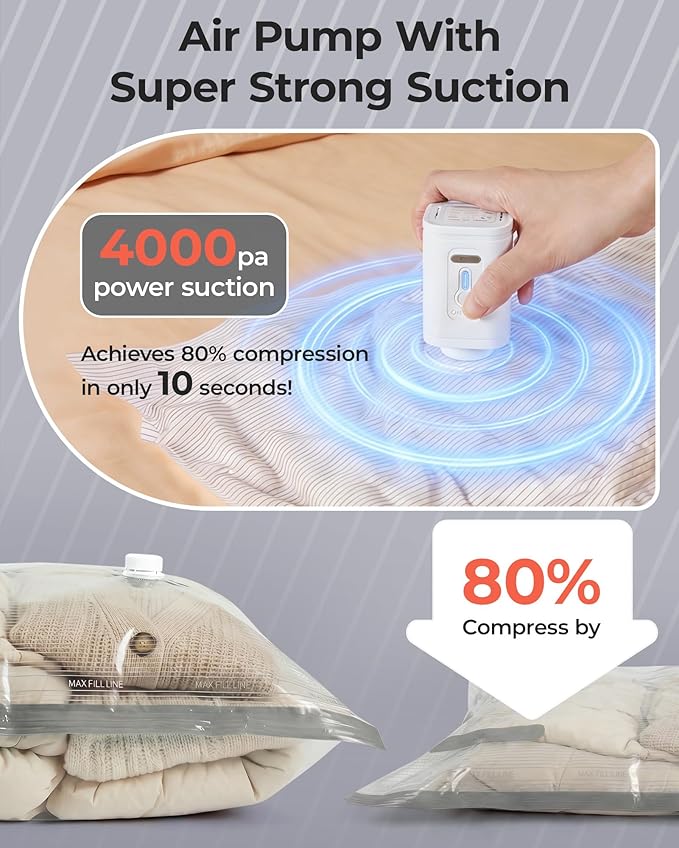 BAGSMART Vacuum Bags for Travel with Rechargeable Air Pump, Portable Space Saver Bags for Travel & Home, Vacuum Compression Seal Bag for Clothing, Blanket, 12 Pack-Gray
