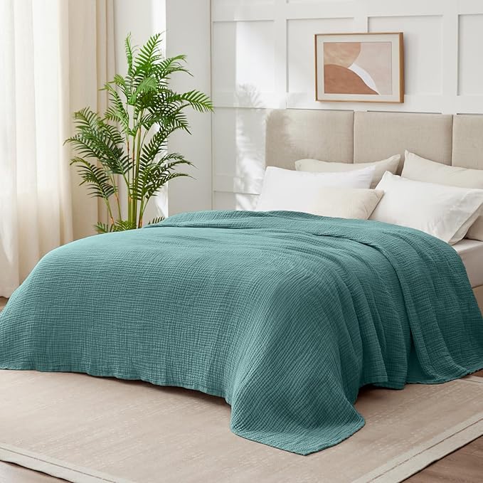 100% Cotton Muslin Blanket Queen 90" x 90", 6 Layers Breathable and Lightweight Cotton Throw Blanket for Bed, Soft Quilt Bedspread Coverlet, Gauze Blanket for Adults All Season, Teal