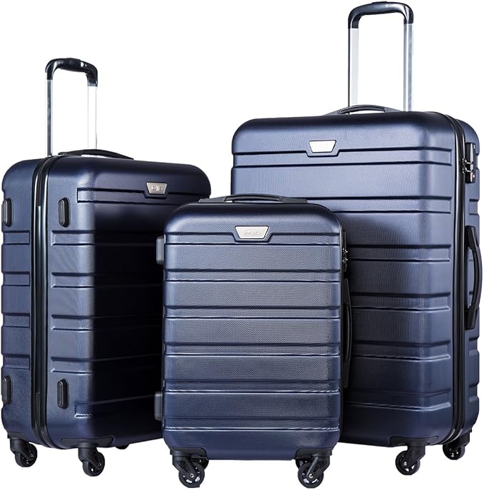 Coolife Luggage 3 Piece Set, Lightweight Durable Hardshell Suitcase set with 360° Spinner Wheels, TSA-approved Lock, Checked Family Travel Luggage sets, 20/24/28 Inch, Navy