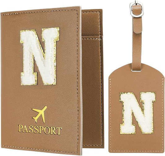 PATIKIL Passport Holder for Travel, Initial Passport Cover and Luggage Tag Set with Alphabet Chenille Letter Patch Travel Wallet Bag Suitcase Identifier for Women Family Travel Brown N
