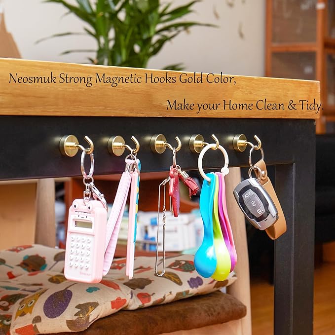 Neosmuk Magnetic Hooks,Heavy Duty Earth Magnets with Hook for Refrigerator, Extra Strong Cruise Hook for Hanging, Magnetic Hanger for Cabins, Grill (Gold, 6 Pack)