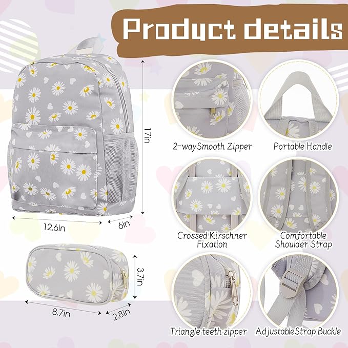 Redbaker 17 Inch 6 Pcs Kids Luggage Set Kids Rolling Luggage Double Pattern Suitcase for Boys Girls (Grey, Daisy Style)