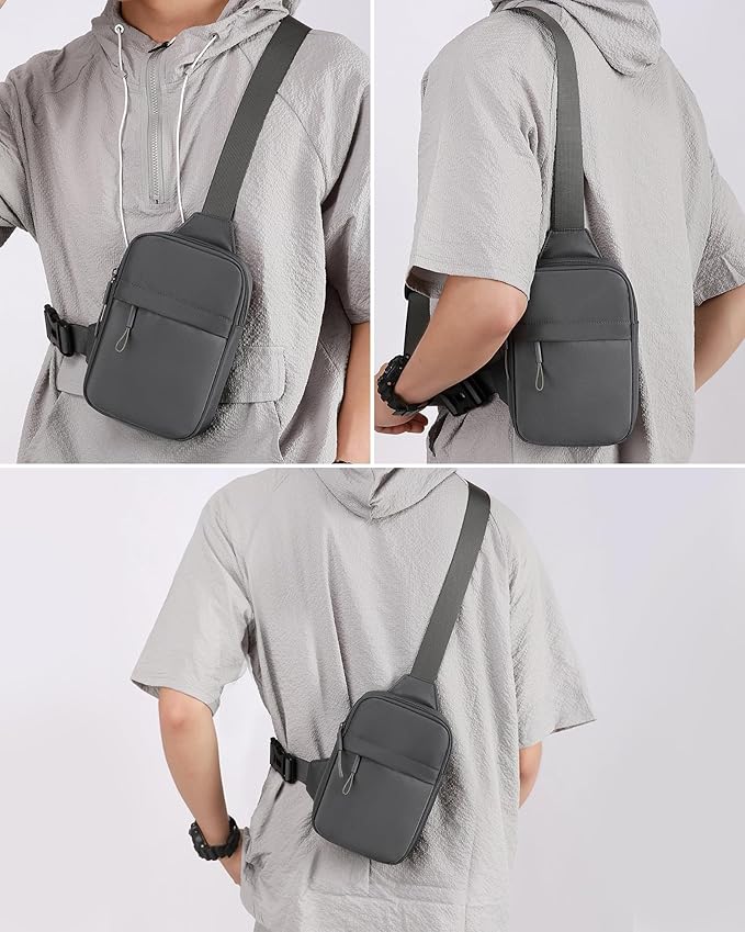 Peicees Small Anti-theft Sling Bag for Men Women Waterproof Mini Crossbody Backpack Chest Bag Travel Passport Phone Holder, Grey