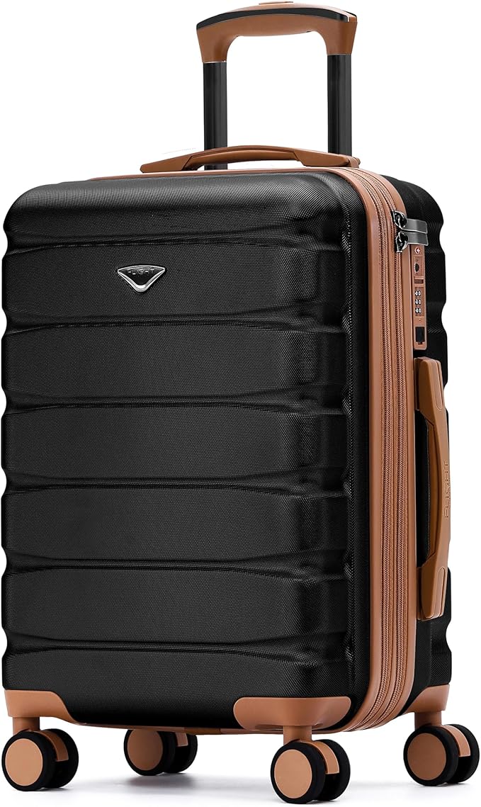 Flight Knight 22x14x9 Expandable Carry On Suitcase Hardside TSA Lock USB C Port Lightweight Luggage Silent Double Spinner Wheels Maximum Overhead Carry-On Bag American United Approved Black/Tan