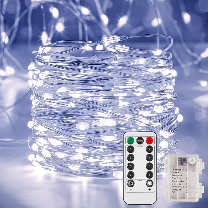 Ariceleo 1 Pack 65.6 Ft. Battery Operated Outdoor String Lights with Remote & Timer, LED Cool White Fairy Lights, Waterproof Twinkle Lights for Bedroom, Dorm, Mason Jar, Wedding, Party, Christmas