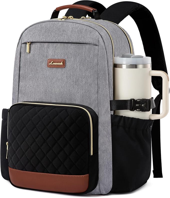 LOVEVOOK Laptop Backpack for Women with Pouch Pocket for Large Capacity Cup,18 Inch Teacher Nurse College Work Travel Backpack Purse,Waterproof Laptop Computer Bags,Grey-Black-Brown+Diamond-shaped