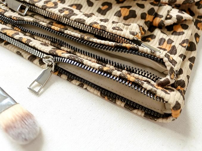 HAPPYHEIDI Leopard Corduroy Makeup Bag Cosmetic Toiletry Travel Pouch Car Organizer, 3-Size, Vintage Brown Coquette Cheetah