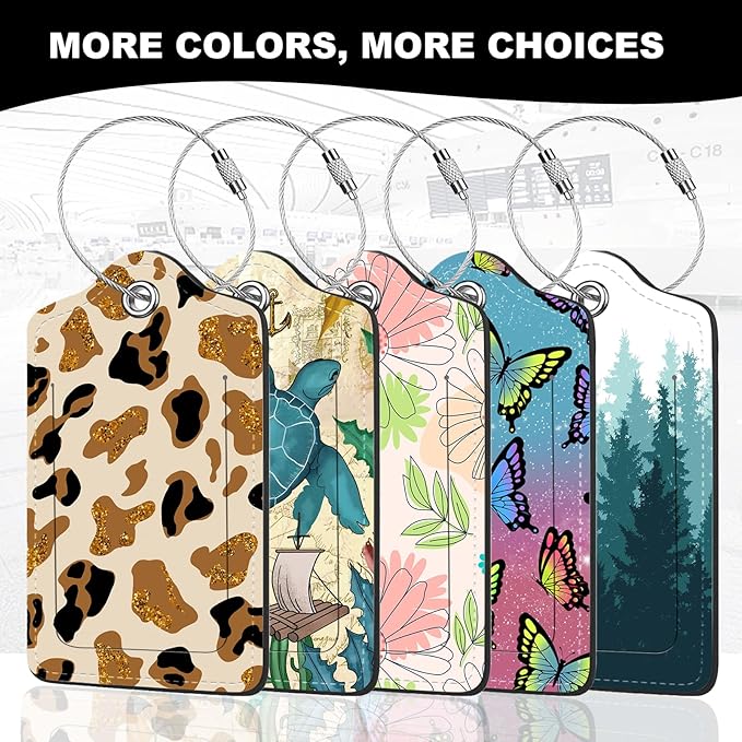 2Pack Luggage Tags for Suitcases, Cute Unique Pu Leather Cruise Luggage Tag with Privacy Cover ID Label Address Card and Metal Ring Suitable for Women Men Kids Travel Bag Leopard Print