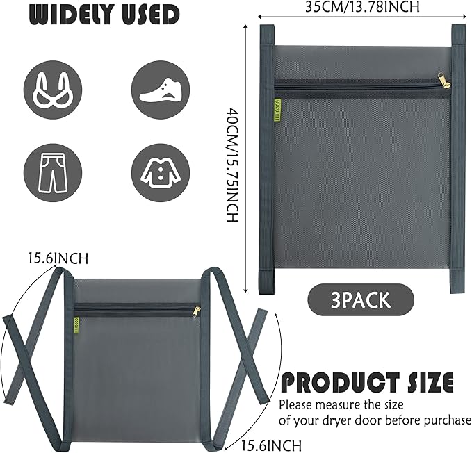 3 Pcs Sneaker Wash & Dry Net Bag for Dryer,15.7x13.8 Inch Large HoneyComber Mesh Bags with Zipper and Strap for Shoes, Clothing, Laundry Reused Bag Tool (Grey)