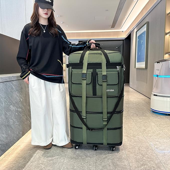 130L Expandable Luggage, 40 Inch Suitcase with Wheels, Collapsible Luggage with Wheels, Rolling Duffle Bag with wheels, Foldable Suitcasewith2Handle Wrap 2Fixing Straps 1Shoulder Strap (Green)