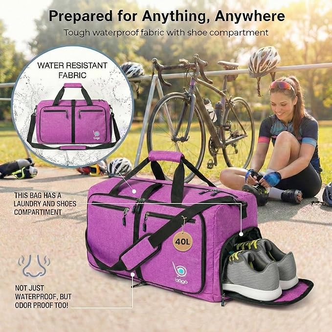 Bago Compact Duffle Bag for Travel Women & Men. Durable Lightweight Foldable Travel Duffel Bags For Traveling Women. 40L Duffle Bags a Reliable Weekender duffel or Overnight Bag With Shoe Compartment