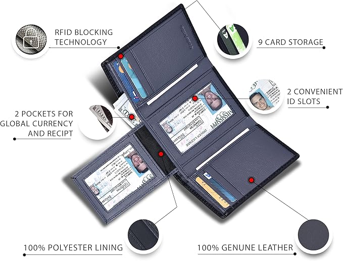 Real Leather Mens Trifold Wallet RFID Blocking Slim Minimalist Front Pocket - Thin & Stylish with ID Window in Gift Box