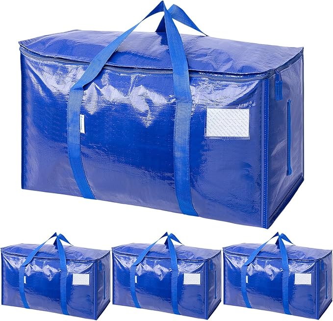 TICONN 4 Pack Extra Large Moving Bags Heavy Duty with Zippers & Carrying Handles, Durable Storage Bags Moving Boxes for Closet Organizers and Storage (4 Pack, Blue)