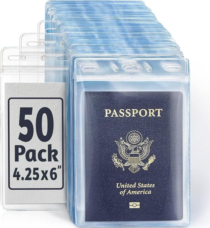 EcoEarth 4x6 Inch Passport & Card Holders with Soft Edge (Clear, 50 PK) - Extra Large (XXL) Vertical ID Holder - Resealable and Waterproof Identification Name Card Holder