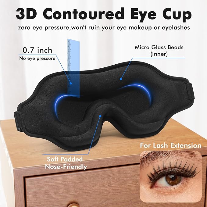 Weighted Eye Mask for Sleeping, 3D Contoured Sleep Mask Blackout with Adjustable Strap, Lash Extensions Sleeping Mask for Travel, Eye Cover Blindfold for Men Women (Black, 4.6oz)