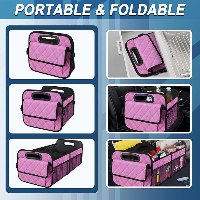 Deosk Car Trunk Organizer for SUV, Car Organizers and Storage with 6 Pocket, Car Accessories for Women/Men 70L Waterproof Polyester Trunk Organizer(Large, Pink)
