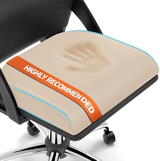 XLarge Seat Cushion, Memory Foam Cushion for Long Sitting Hours on Office Chair, Home & Car, Non-Slip Chair Pad for Relieving Back & Sciatica & Hip & Coccyx Pain (Khaki)