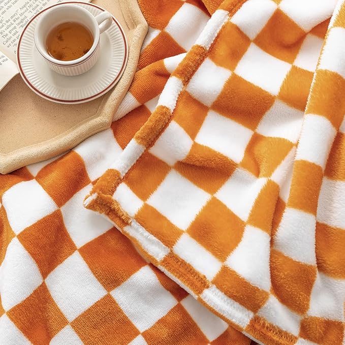 LOMAO Throw Blankets Flannel Blanket with Checkerboard Grid Pattern Soft Throw Blanket for Couch, Bed, Sofa Luxurious Warm and Cozy for All Seasons (Orange, 40"x60")