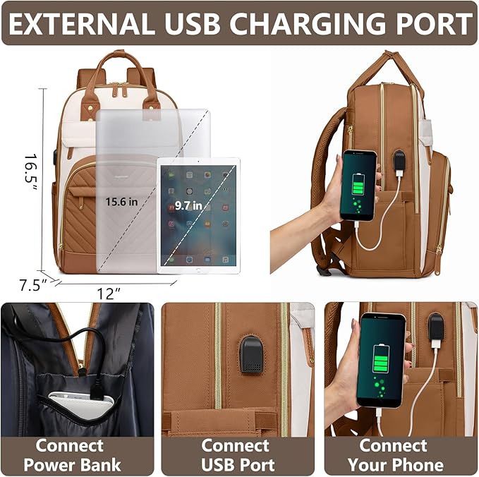 Laptop Backpack for Women Work Bookbag: 15.6 Inch College Backpacks with USB Charger School Book Bag Waterproof Travel Computer Back Pack Anti-Theft Casual Bookbags for Girls Teacher Nurse Beige Brown