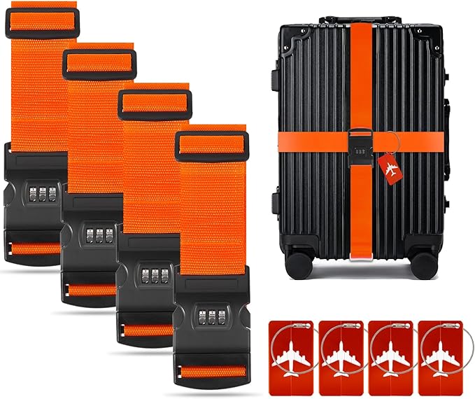 BILIONE 4 Pack Luggage Straps for Suitcases with Password Lock & Metal Tags, Adjustable Suitcase Belt & Travel Belt, Secure & Identify Luggage Connector Straps to Connect Two Bags 20-34 Inch (Orange)