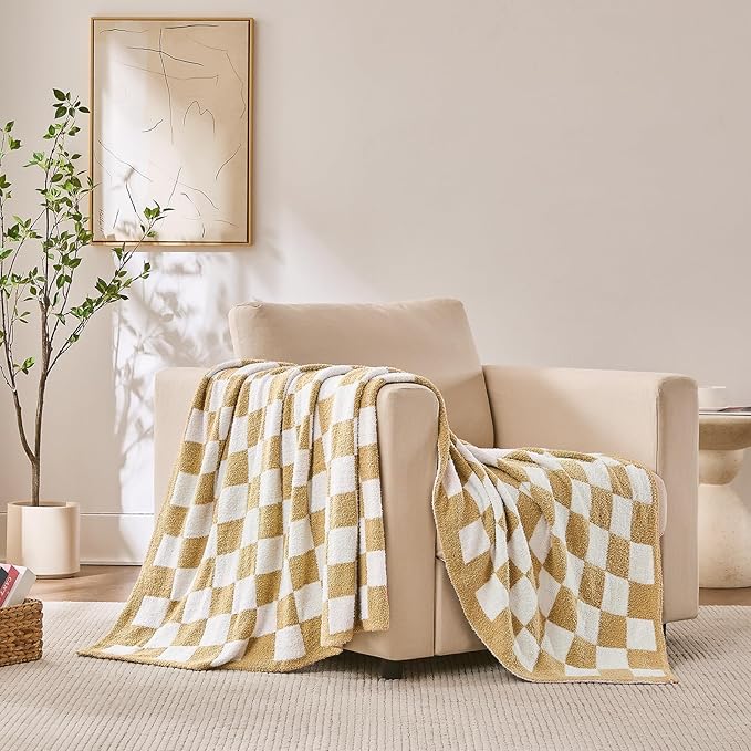 Checkered Throw Blanket, Khaki Soft Cozy Fluffy Knitted Throw Blankets for Couch, Sofa, Bed, Chair, Warm Fuzzy Travel Picnic Lightweight Plaid Blanket, 60x80 inches