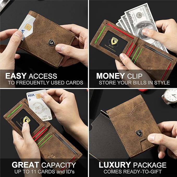 GSOIAX Slim Wallet for Men Rfid Blocking Leather Bifold Front Pocket Carbon Fiber Credit Card Holder Novelty Wallets With Gift Box (Retro Brown)