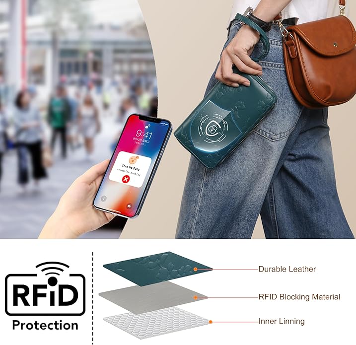 yiijay Womens Wallet RFID Blocking Large Capacity Vegan Leather Double Zip Wristlet Wallet Card Holder Travel Ladies Clutch