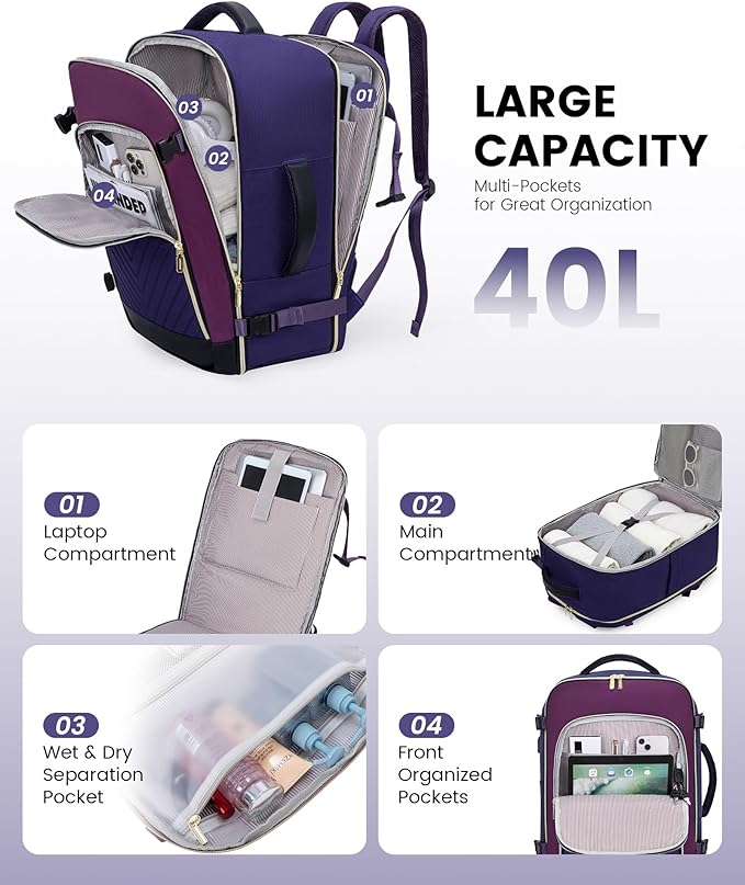 LOVEVOOK Large Travel Backpack for Women, TSA Carry on Backpack for Airplanes, 40L Personal Item Travel Bag for Women fits 17" Laptop,Waterproof Carry on Bag Airplane Approved with 3 Packing Cubes