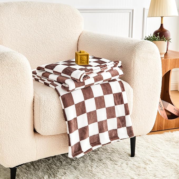 Brown Checkered Blanket, Ultra Soft Cozy Flannel - Checkered Grid Print Throws for Bed Sofa Couch, Luxury Throw Blanket for All Seasons, 50x60 Inch, Brown