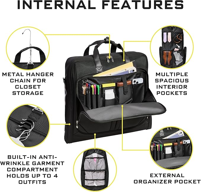 ZEGUR Premium Suit Garment Bag Carry On - Hangs 4 Suits - Travel & Business with Shoulder Strap and Laptop Compartment