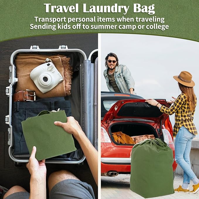Canvas Laundry Bags with Handles & Rectangular Base, 20"Lx15"Wx27.6"H Extra Large Heavy Duty Laundry Basket Hamper Liner Replacement, Washable Cotton Drawstring Dirty Clothes Bag (Army Green)