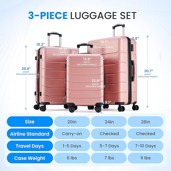 Simple Deluxe 24 Inch Hardside Carry On Luggage, Suitcase with Double Spinner Wheels & TSA Lock, Hard Shell Suitcase, Expandable Rolling Lightweight Luggage, Pink