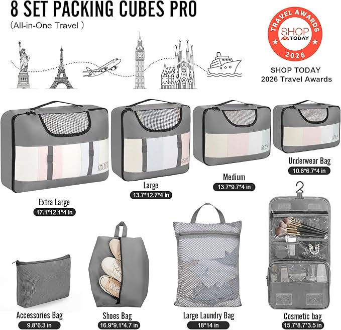 Veken 8 Set Packing Cubes for Travel Essentials, Suitcase Organizer Bags in 4 Sizes, Carry-On Luggage Accessories with Large Laundry & Hanging Toiletry Bag, Must-Have for Airplane, Road Trip & Camping