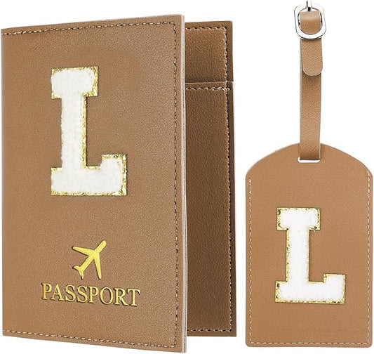 PATIKIL Passport Holder for Travel, Initial Passport Cover and Luggage Tag Set with Alphabet Chenille Letter Patch Travel Wallet Bag Suitcase Identifier for Women Family Travel Brown L
