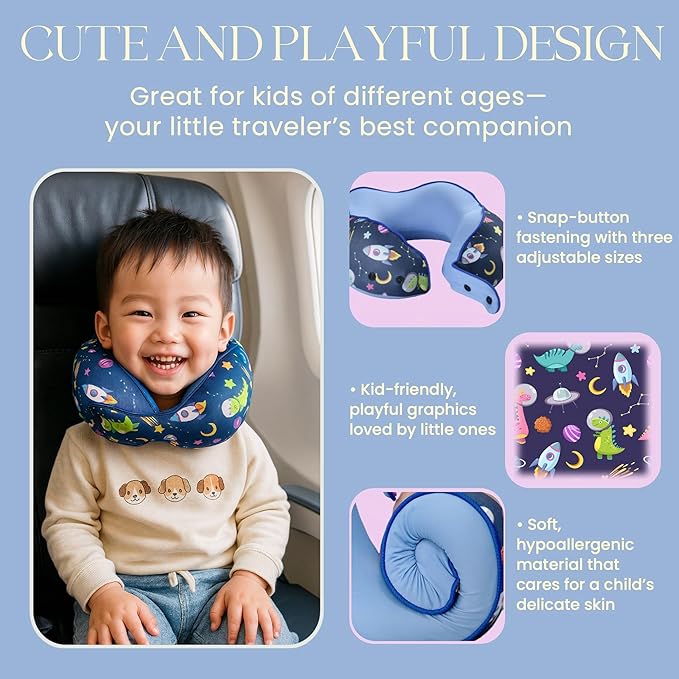 SKYTRAX® Certified Kids Safe Memory Foam Travel Neck Pillows for Kids and Toddlers, Cute Cartoon Design, Car Seat & Airplane Head Neck Support, Adjustable Snap Buttons, Washable Soft Cover (Dinosaur)