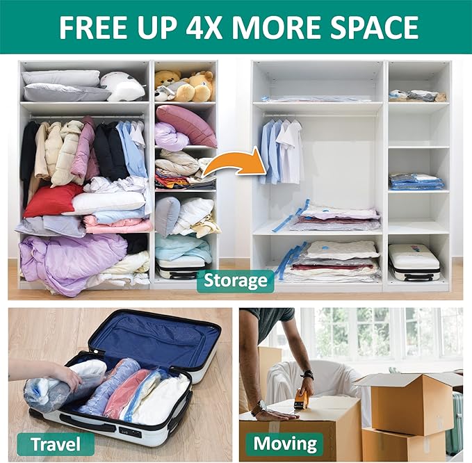 Cozy Essential Vacuum Storage Bags, 80% Compression Vacuum Seal Space Saver Plastic Packaging Bags for Clothes, Blankets, Pillow, Bedding, Comforters, Sealer Clothing Storage,6 Jumbo