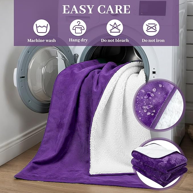 Waterproof Gray Blanket for Dog Cat Puppy, 80''x 80'' Double Side Leakproof Reversible Double Side Sherpa Flannel Fleece 3 Layer Lightweight Blanket, Absorb 70oz(PurpleWhite), Machine Washable