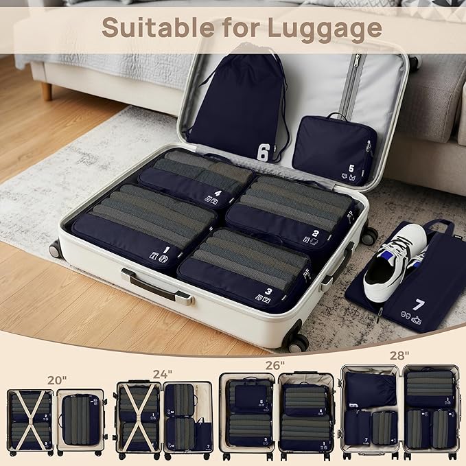 7 Set Compression Packing Cubes Travel Accessories Expandable Packing Organizers (Navy Blue)