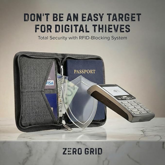 Zero Grid RFID Family Passport Holder for up to 6 Passports, Large Zippered Wallet for Men & Women, Fits Cards, Cash, ID, Sim Card; Premium & Compact Travel Document Holder - Shadow Grey