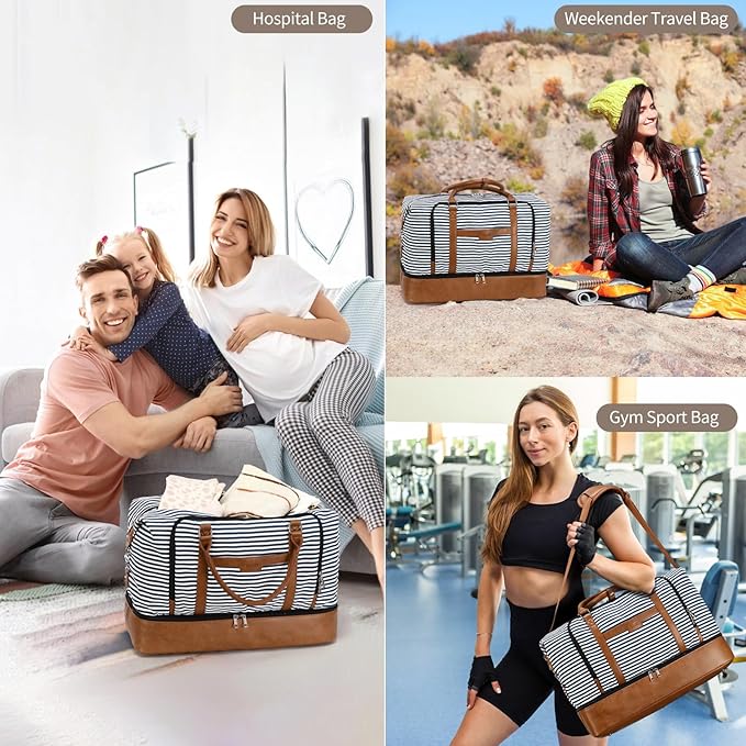 Weekender Bag, Large Travel Duffel Bag for Women, Carry on Overnight Bag with Shoe Compartment and Toiletry Bags
