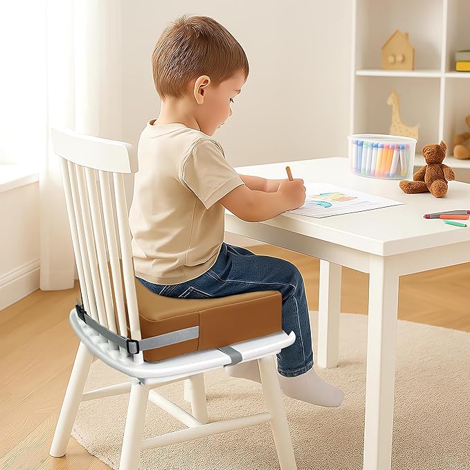 Toddler Booster Seat Dining Table Kitchen Chair, Waterproof Anti-Scratch PU Cushion, Non-Slip Bottom, Adjustable Buckle Straps, Easy Clean Portable Seat Cushion (Brown)