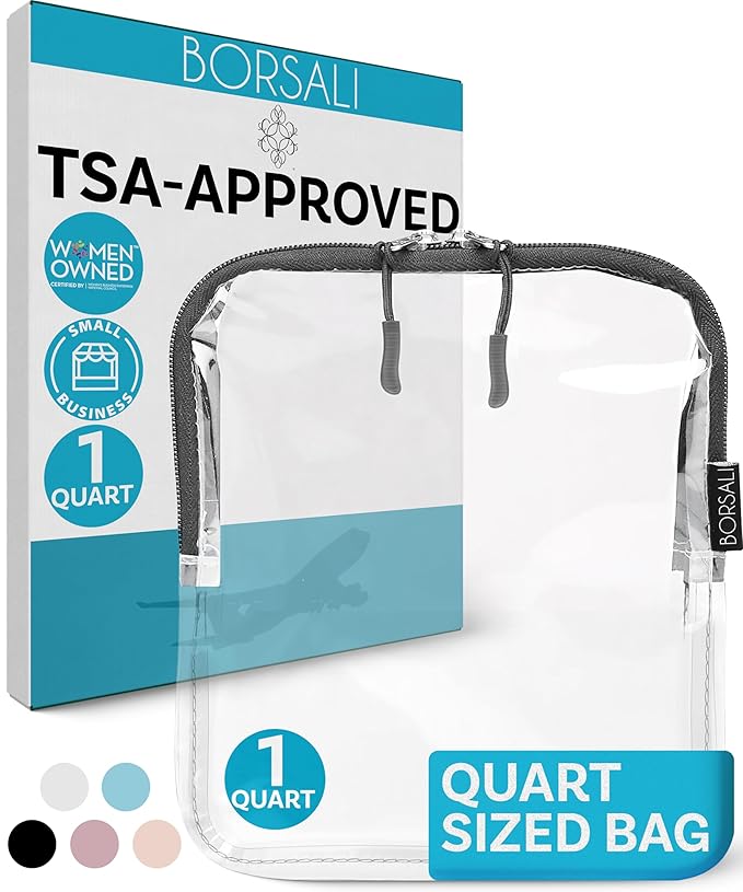BORSALI TSA Approved Toiletry Bag - Clear Quart Size for 3-1-1 LIquids for Carry On Travel - Toiletries Organizer - Cosmetic Pouch with Zipper - Travel Accessories - Gray