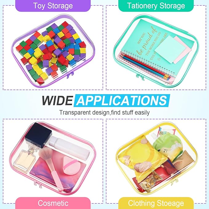 Sanwuta 6 Pcs Clear Hard Zipper Case Plastic Zipper Pouches Transparent Makeup Bag Pencil Case Pouches Toiletry Diaper Bag for Travel Toy Storage Organizer Bins(Colorful,9.84 x 7.87 x 2 Inch)