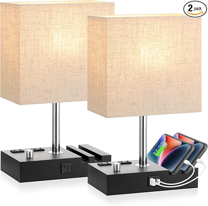 Beige Bedside Table Lamps Set of 2 - Dimmable, USB C+A, 2 AC Outlets | Dimming By Rotary Knob, USB C+A Ports, 2 Phone Stands, LED Bulbs Included, Rectangle Beige Lampshade, for Living Room, Desk