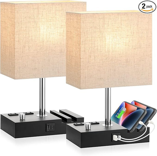 Beige Bedside Table Lamps Set of 2 - Dimmable, USB C+A, 2 AC Outlets | Dimming By Rotary Knob, USB C+A Ports, 2 Phone Stands, LED Bulbs Included, Rectangle Beige Lampshade, for Living Room, Desk