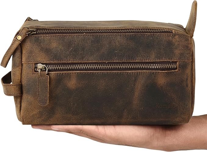 KomalC Premium Buffalo Leather Toiletry Bag for Men & Women With Water resistant Lining, Grooming Travel Pouch, Unisex Wash Bag for Toiletries, Gifts for Men and Women
